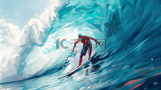 蓝色水花插画图片_蓝色手绘大海海上男子冲浪的插画