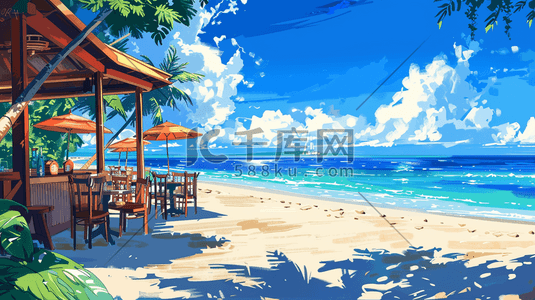 休闲区海报插画图片_手绘蓝天白云海边沙滩上休闲度假的插画