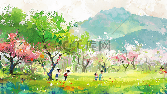彩色绘画森林公园里小孩子玩耍色插画