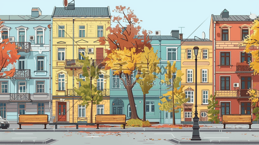 彩色手绘绘画卡通建筑房屋道路的插画