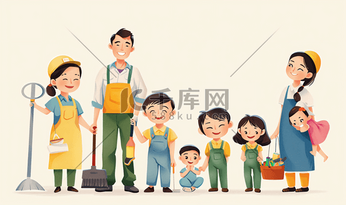 服务人员插画图片_亚洲人幸福家庭与维修服务人员