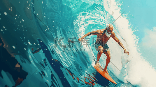 蓝色水花插画图片_蓝色手绘大海海上男子冲浪的插画