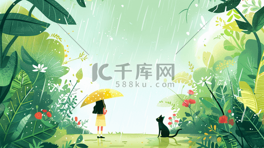 下雨插画图片_彩色手绘绘画森林里下雨女孩打伞的插画