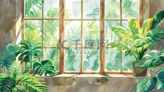 绿色植物唯美插画图片_彩色手绘绿色植物女子站在窗边的插画