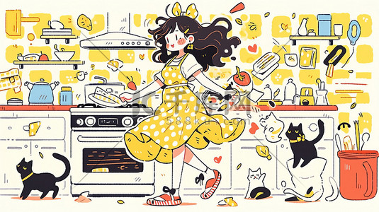 可爱女孩在厨房做饭卡通矢量插画
