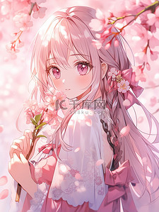 粉红色插画图片_女孩站在盛开的粉红色樱花下插画素材