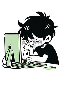 不开心男孩插画图片_男孩在电脑前工作插画
