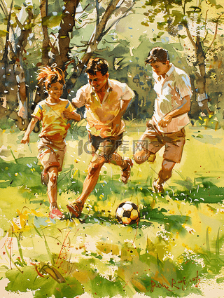 父亲陪孩子一起踢足球