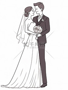 结婚邀请函插画图片_新婚结婚新人简约线条手绘插画图片