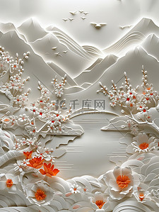 鲜花和山脉纸艺东方风格插画海报