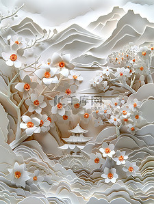 鲜花和山脉纸艺东方风格矢量插画