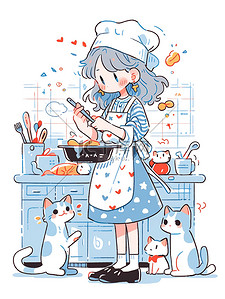浅蓝色波动插画图片_浅蓝色连衣裙可爱女孩做饭图片