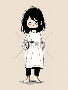 咖啡顶视插画图片_小女孩失眠拿着咖啡原创插画