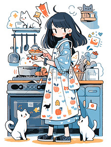 浅蓝色连衣裙可爱女孩做饭插画素材