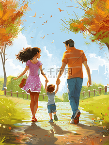 散步插画图片_幸福一家人公园散步