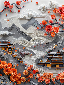 鲜花和山脉纸艺东方风格插画设计