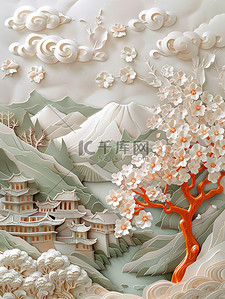 东方插画图片_鲜花和山脉纸艺东方风格素材