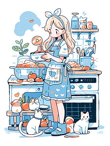 浅蓝色连衣裙可爱女孩做饭插画海报