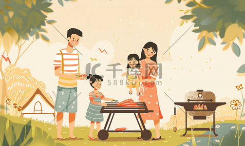 欢乐泼水节插画图片_亚洲人欢乐的一家人在郊外野餐烧烤