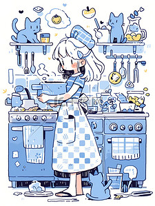 浅蓝色的上衣插画图片_浅蓝色连衣裙可爱女孩做饭原创插画