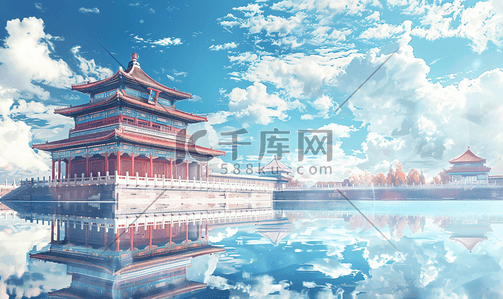 魅力气质插画图片_夏天魅力故宫角楼风景倒影景色