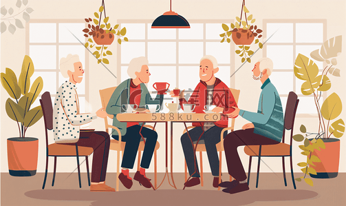 聊天社交插画图片_老年朋友欢聚喝茶聊天