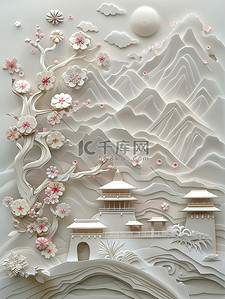 鲜花和山脉纸艺东方风格原创插画