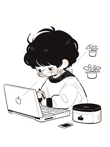 男孩在电脑前工作矢量插画