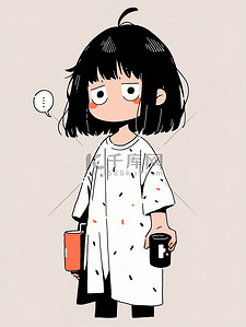 咖啡标志插画图片_小女孩失眠拿着咖啡插画图片