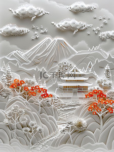 鲜花和山脉纸艺东方风格插图