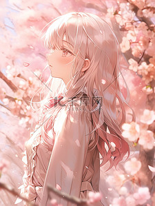 粉红色插画图片_女孩站在盛开的粉红色樱花下图片
