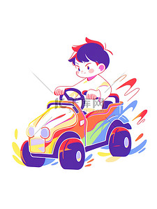 可爱的男孩驾驶汽车插画
