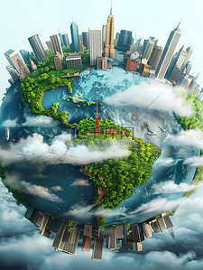 地球上建筑物工厂植物插画海报
