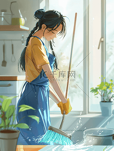 家政轮播图插画图片_亚洲人打扫房间的家政服务人员