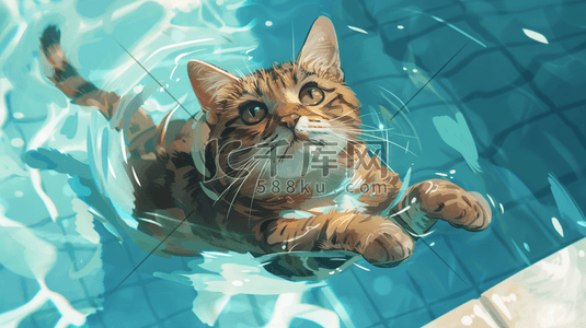 可爱猫插画图片_蓝色清澈可爱猫咪游泳的插画6