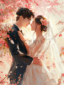 床第一视角插画图片_亚洲人浪漫的新郎和新娘