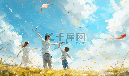 风筝插画图片_亚洲人一家三口在草地上放风筝