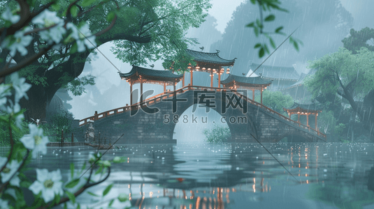 风景区插画图片_江南凉亭拱桥的风景区下雨的插画6