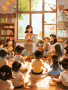 相伴插画图片_亚洲人老师和儿童在幼儿园里