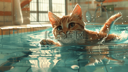 可爱猫咪插画图片_蓝色清澈可爱猫咪游泳的插画8