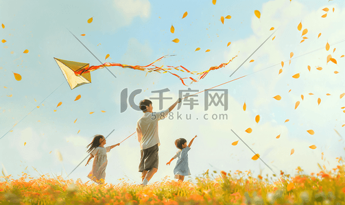 树草插画图片_亚洲人一家三口在草地上放风筝