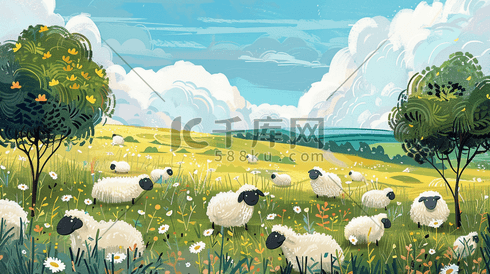 彩色手绘绘画卡通草原羊羔的插画5