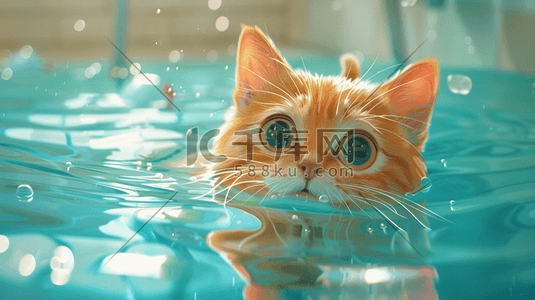 清澈插画图片_蓝色清澈可爱猫咪游泳的插画1