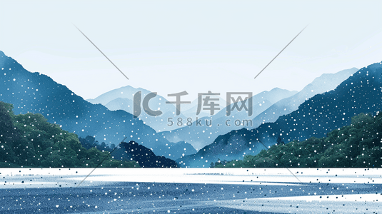 蓝色河水插画图片_蓝色手绘户外山水风景风光的插画3