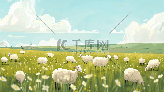 草原之夜插画图片_彩色手绘绘画卡通草原羊羔的插画3