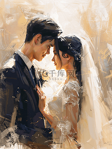 亲密插画图片_亚洲人浪漫的新郎和新娘