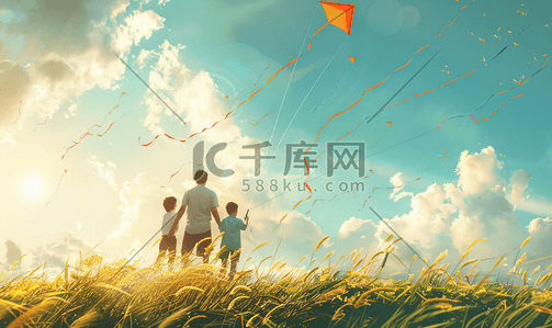 相伴插画图片_亚洲人一家三口在草地上放风筝