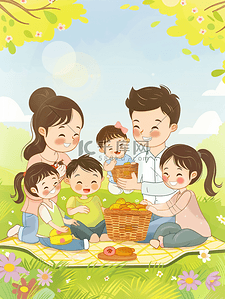64bit插画图片_亚洲人欢乐家庭在郊外野餐