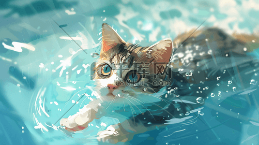 可爱猫插画图片_蓝色清澈可爱猫咪游泳的插画2