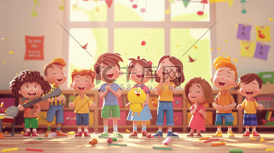 开心插画图片_彩色绘画儿童室内开心唱歌的插画7